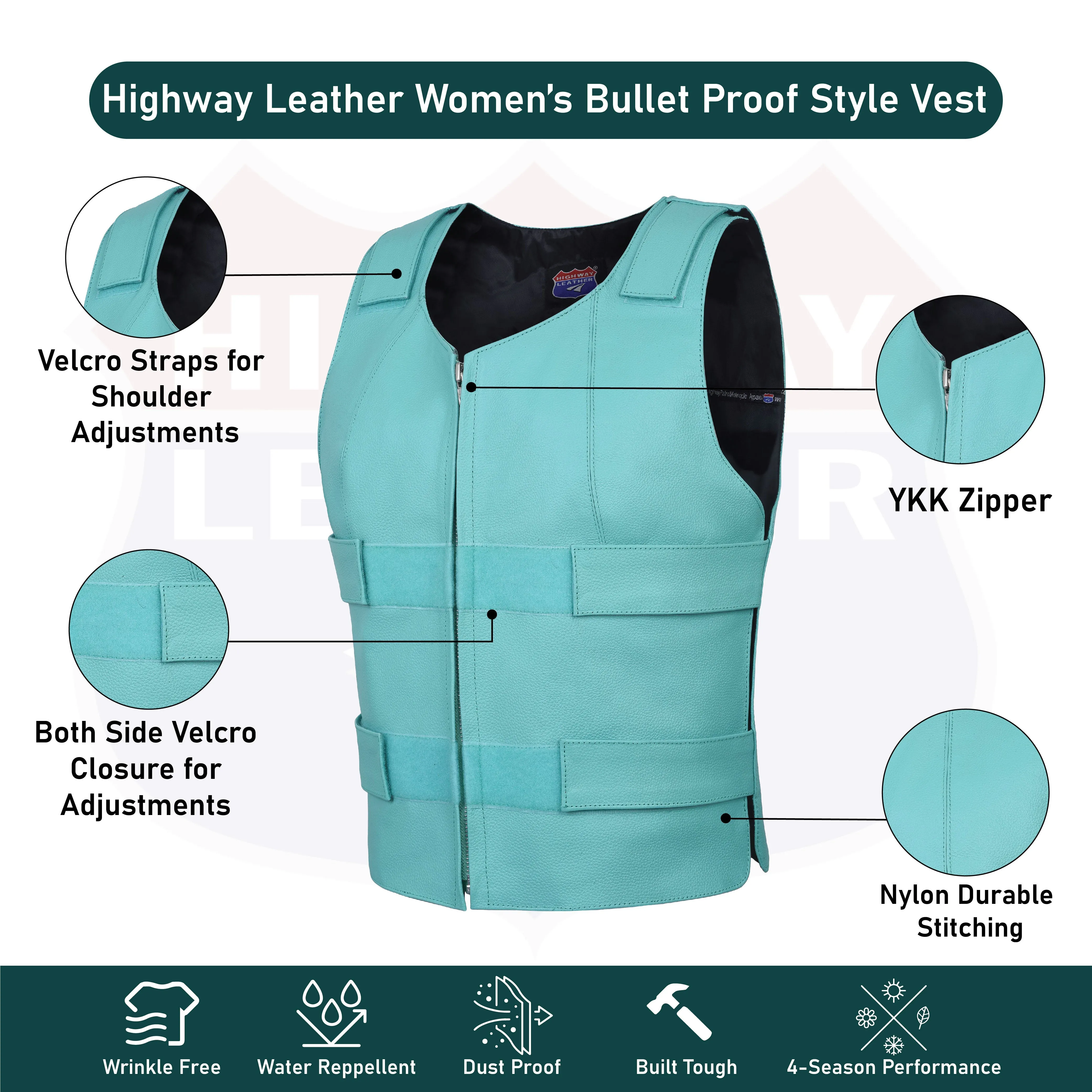 14945Teal WOMEN BULLET PROOF LEATHER VEST
