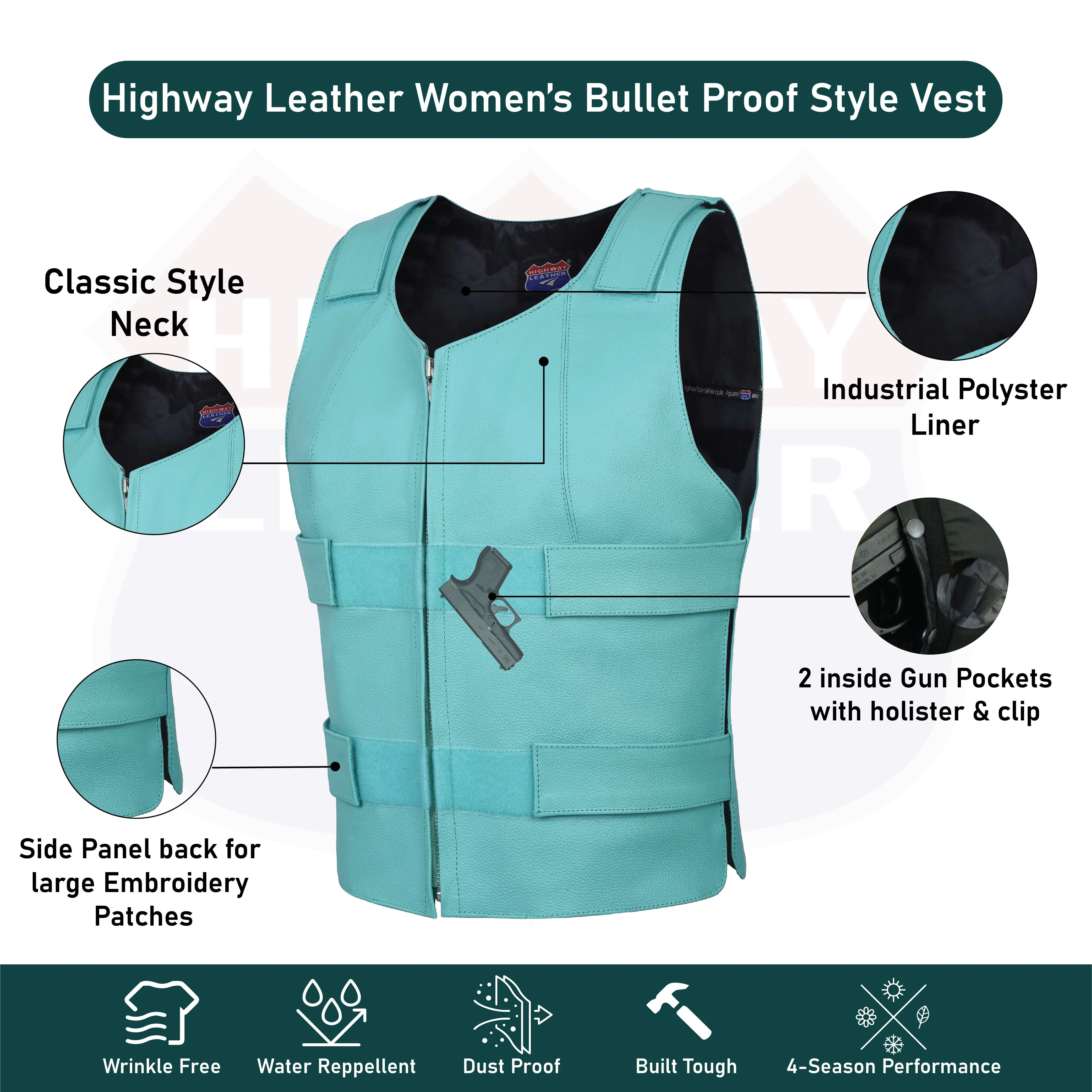 14945Teal WOMEN BULLET PROOF LEATHER VEST