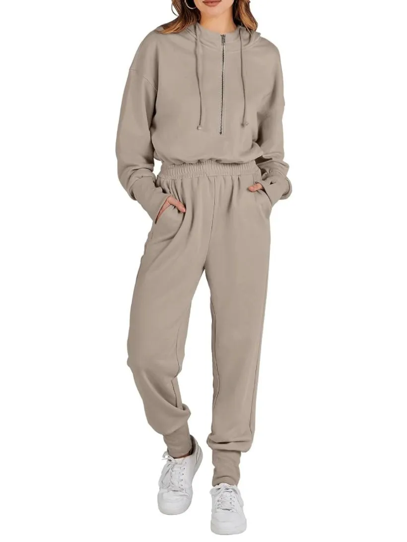 Beige hooded loose jumper overall