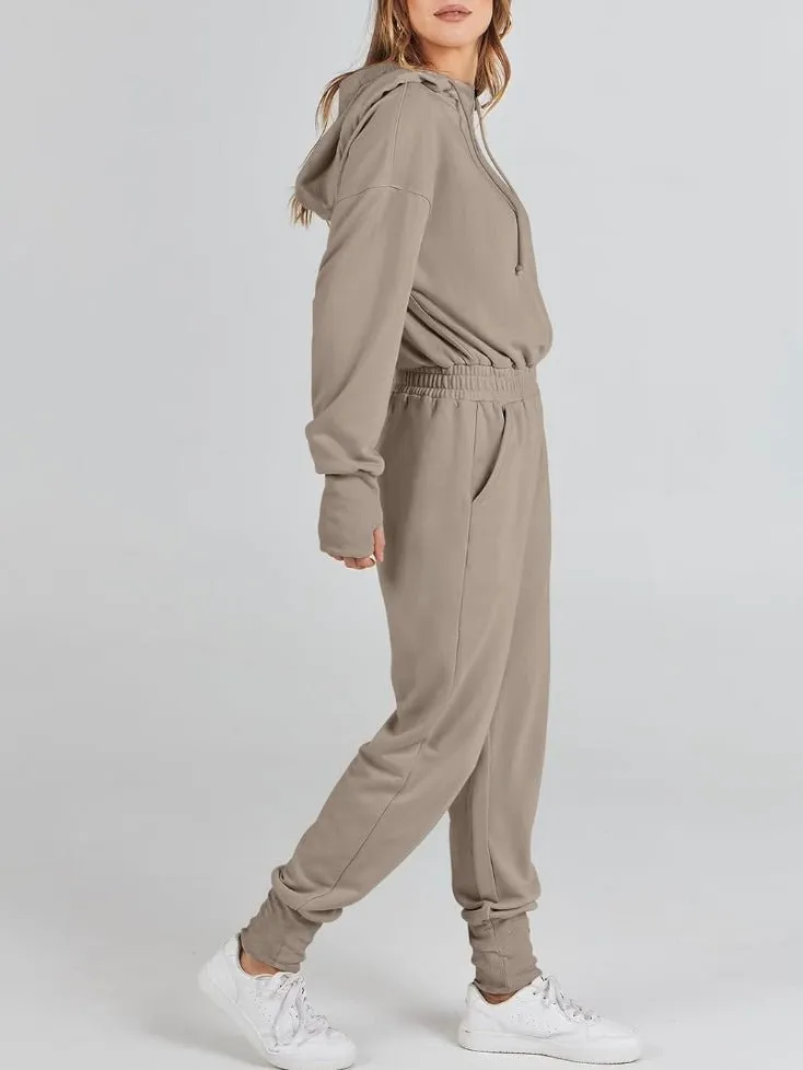 Beige hooded loose jumper overall