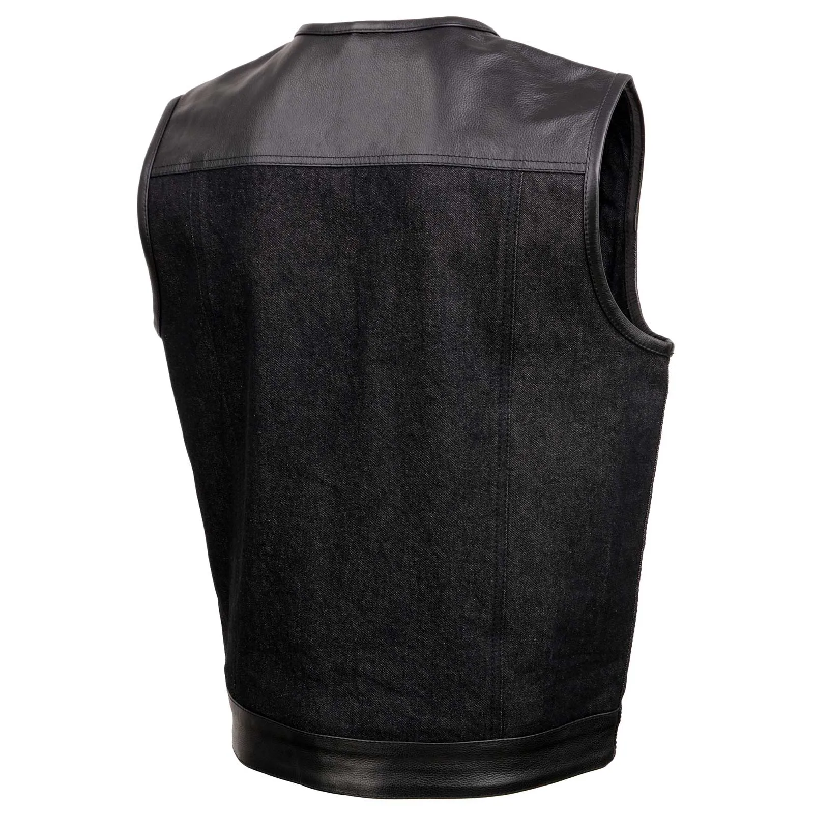 BLACK MDM3003 MEN'S 'BRUTE' CONCEALED SNAP BLACK DENIM AND BLACK LEATHER CLUB STYLE VEST W/ HIDDEN ZIPPER