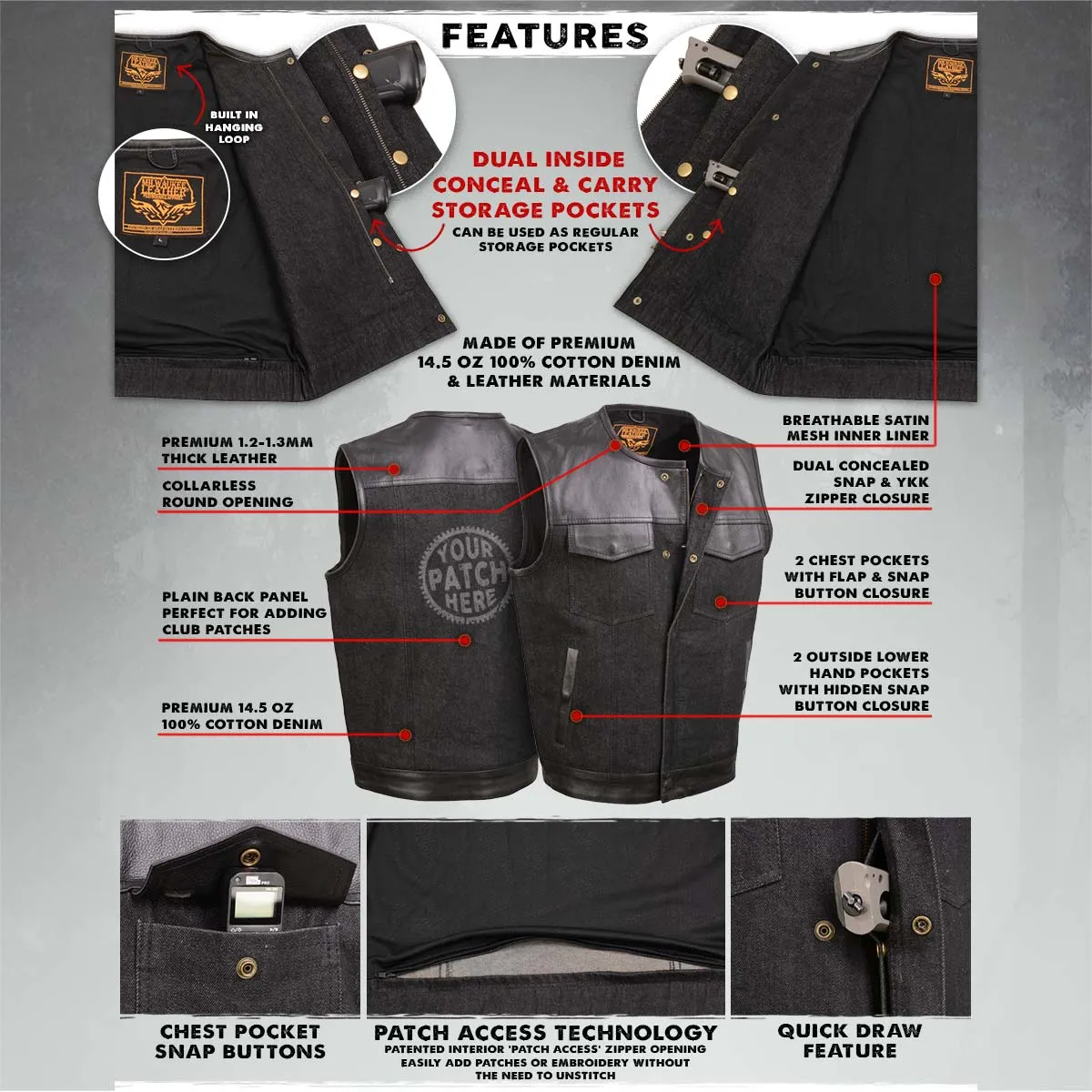 BLACK MDM3003 MEN'S 'BRUTE' CONCEALED SNAP BLACK DENIM AND BLACK LEATHER CLUB STYLE VEST W/ HIDDEN ZIPPER