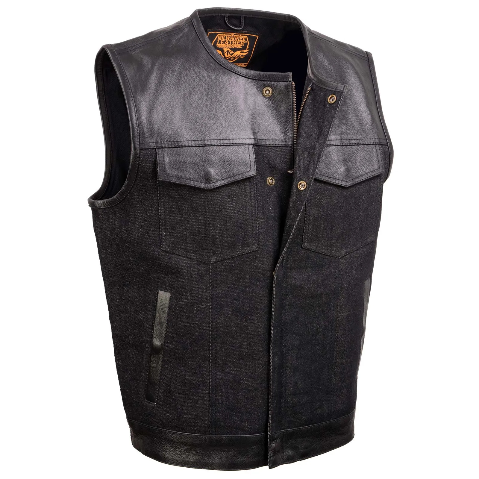 BLACK MDM3003 MEN'S 'BRUTE' CONCEALED SNAP BLACK DENIM AND BLACK LEATHER CLUB STYLE VEST W/ HIDDEN ZIPPER