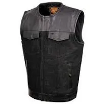 BLACK MDM3003 MEN'S 'BRUTE' CONCEALED SNAP BLACK DENIM AND BLACK LEATHER CLUB STYLE VEST W/ HIDDEN ZIPPER
