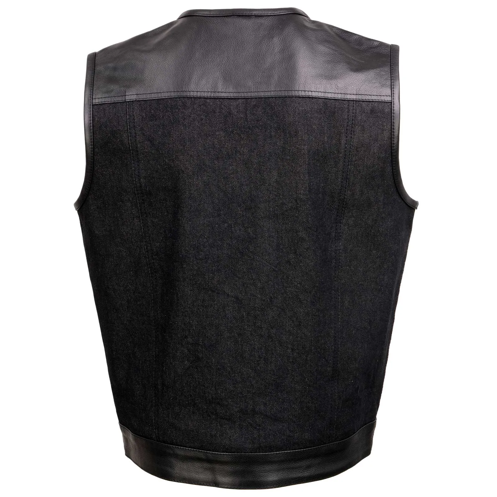 BLACK MDM3003 MEN'S 'BRUTE' CONCEALED SNAP BLACK DENIM AND BLACK LEATHER CLUB STYLE VEST W/ HIDDEN ZIPPER