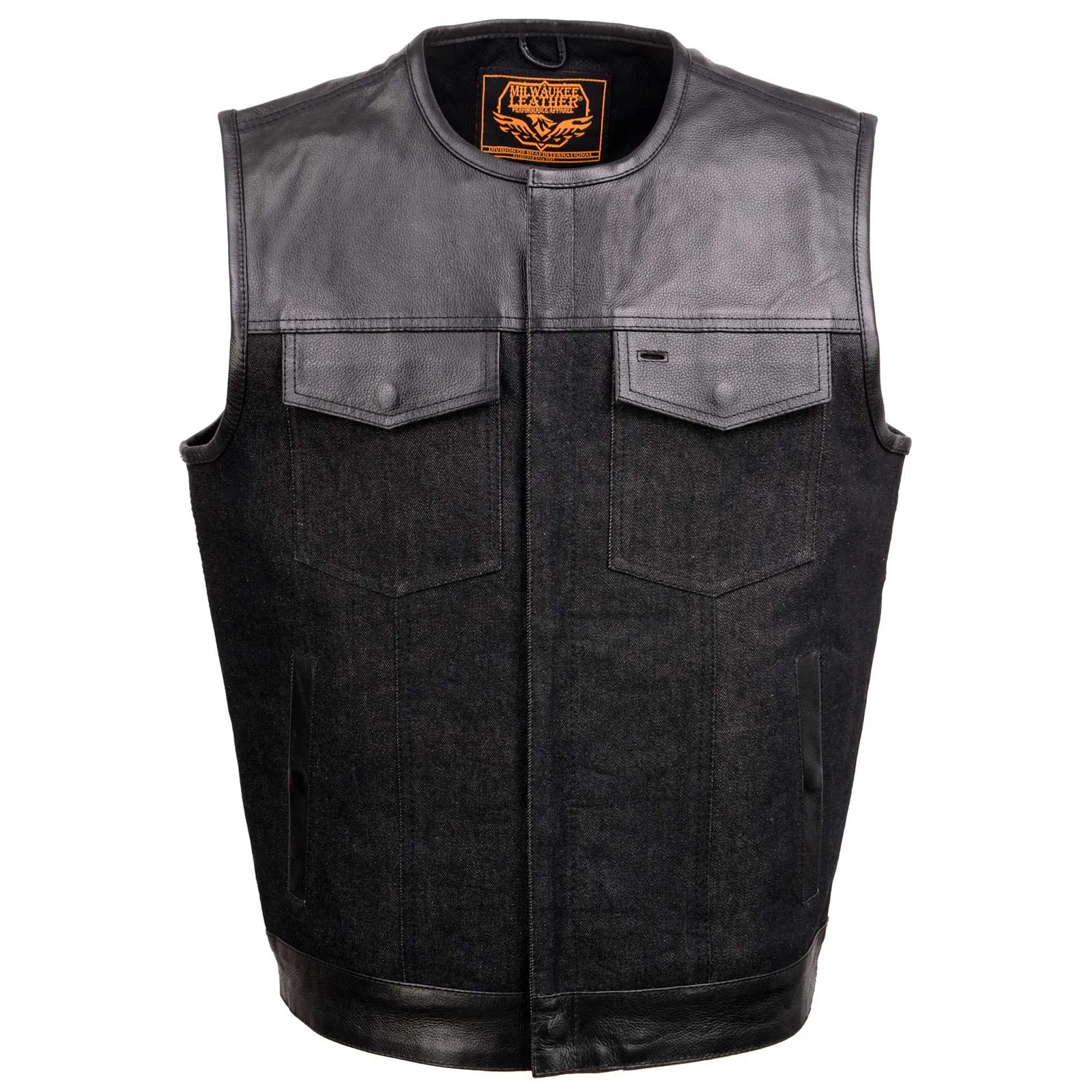 BLACK MDM3003 MEN'S 'BRUTE' CONCEALED SNAP BLACK DENIM AND BLACK LEATHER CLUB STYLE VEST W/ HIDDEN ZIPPER