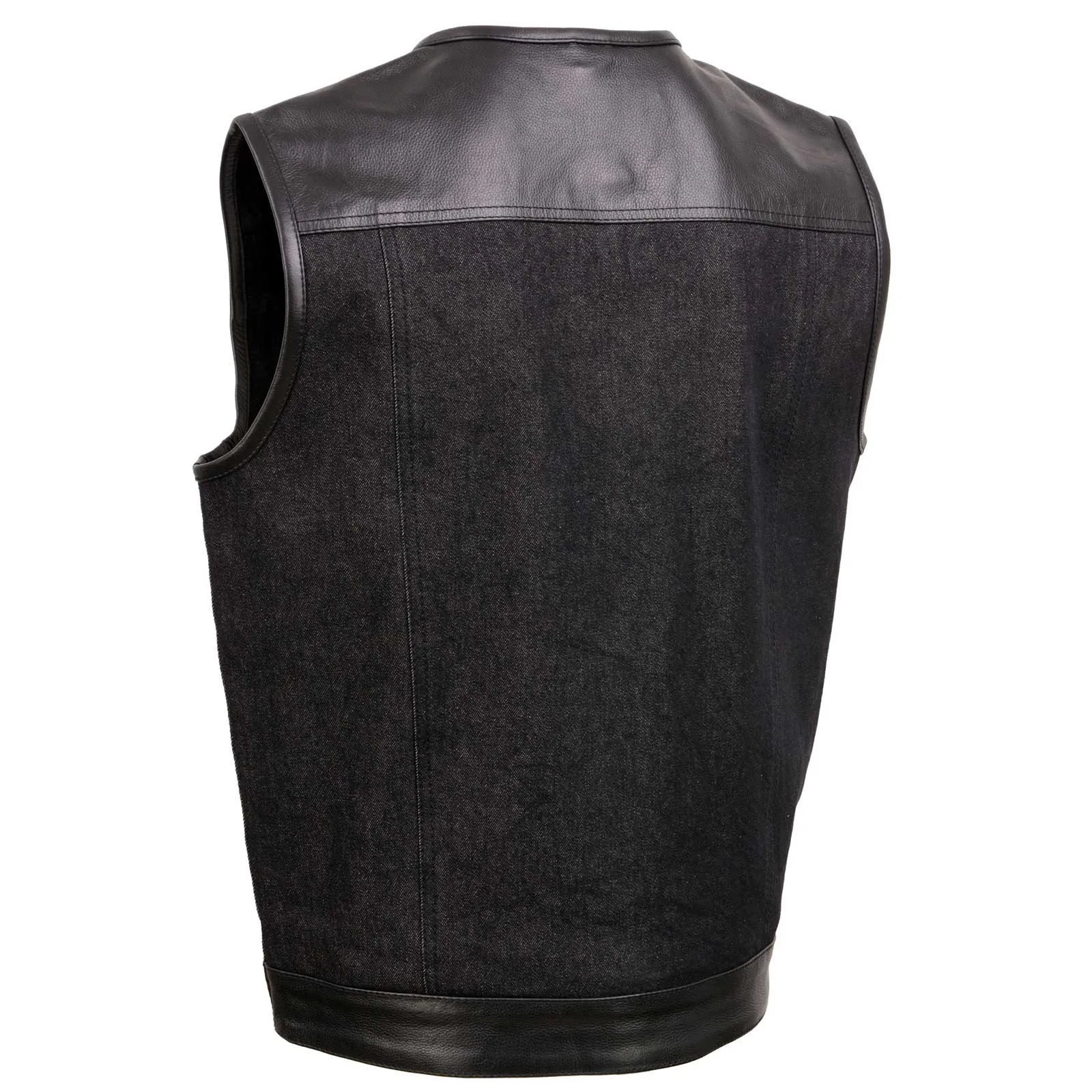 BLACK MDM3003 MEN'S 'BRUTE' CONCEALED SNAP BLACK DENIM AND BLACK LEATHER CLUB STYLE VEST W/ HIDDEN ZIPPER