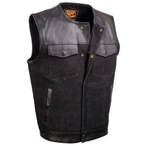 BLACK MDM3003 MEN'S 'BRUTE' CONCEALED SNAP BLACK DENIM AND BLACK LEATHER CLUB STYLE VEST W/ HIDDEN ZIPPER