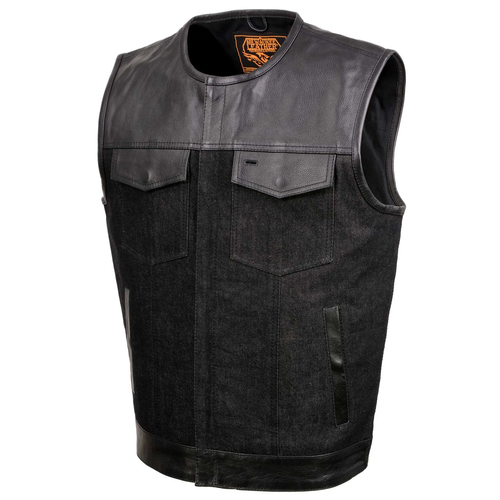 BLACK MDM3003 MEN'S 'BRUTE' CONCEALED SNAP BLACK DENIM AND BLACK LEATHER CLUB STYLE VEST W/ HIDDEN ZIPPER