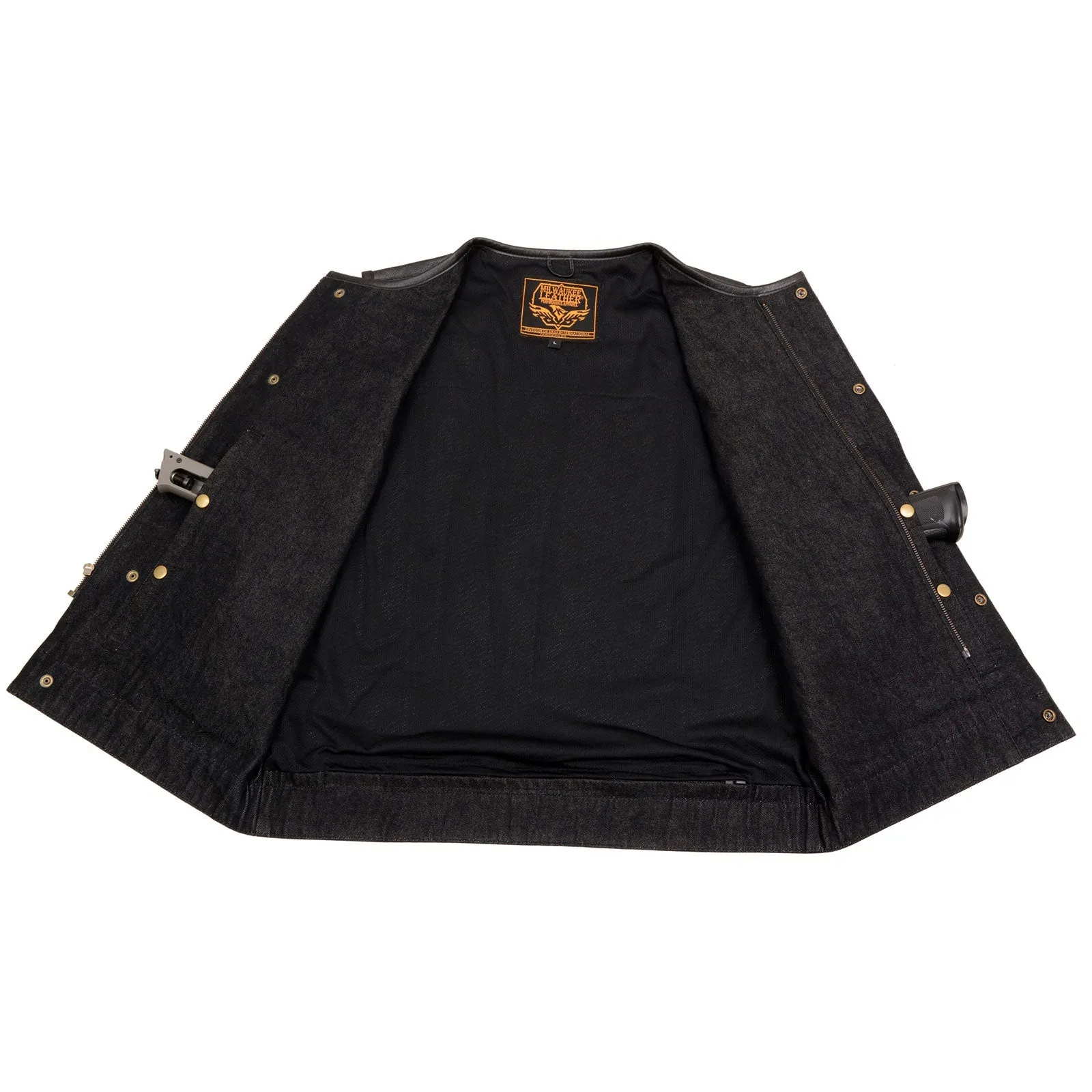 BLACK MDM3003 MEN'S 'BRUTE' CONCEALED SNAP BLACK DENIM AND BLACK LEATHER CLUB STYLE VEST W/ HIDDEN ZIPPER