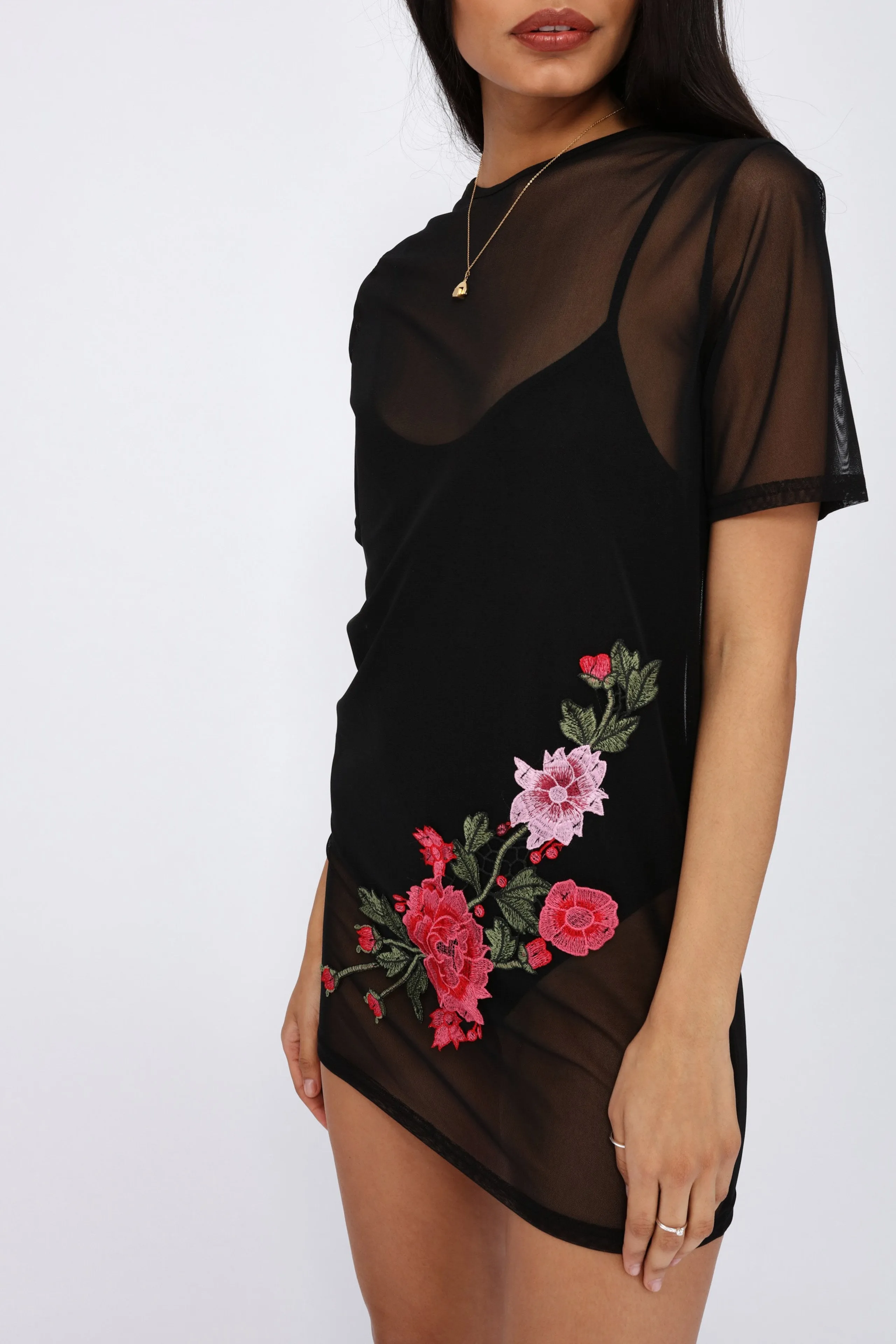 Black Mesh Embroidered Dress With Bodysuit
