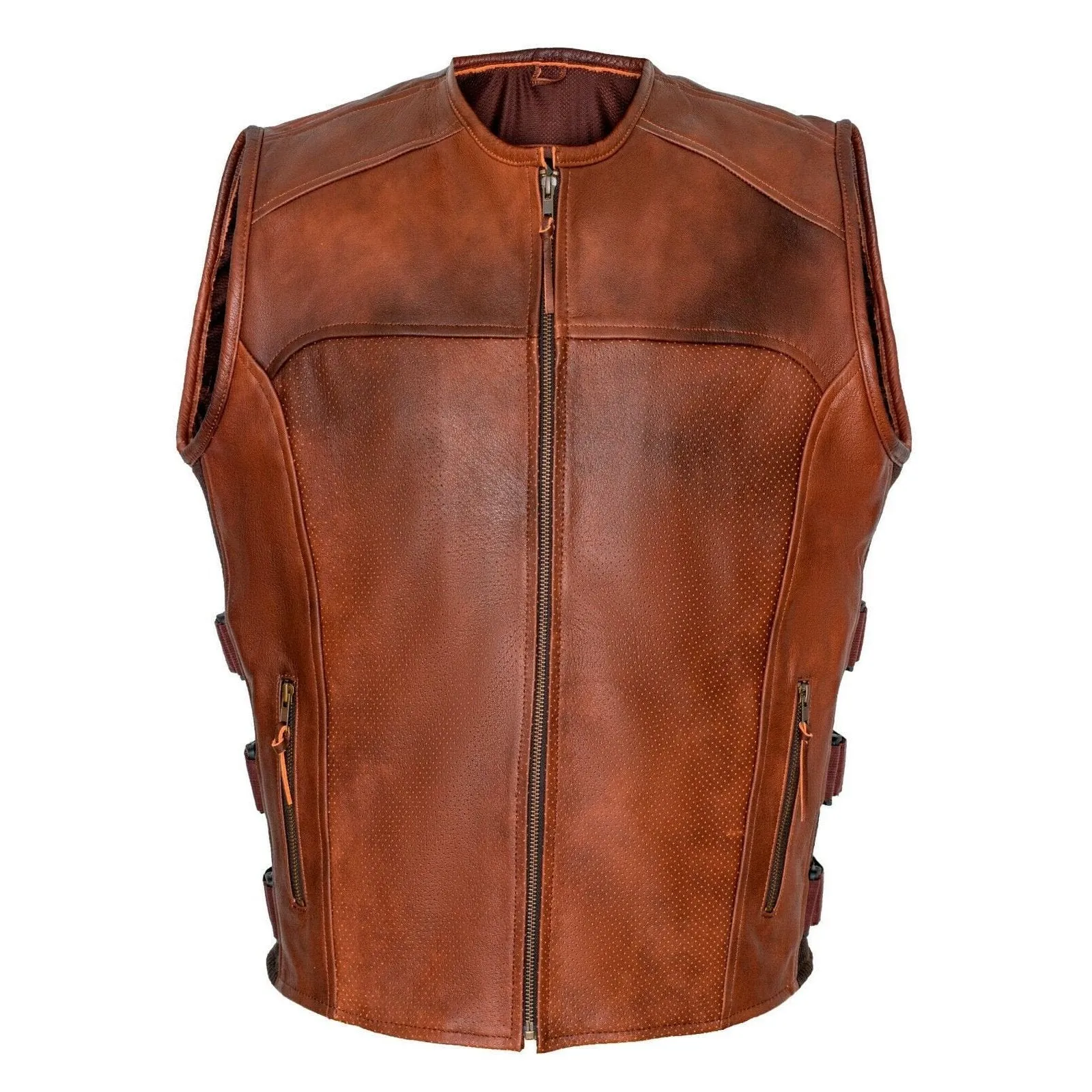 Brown Premium Perforated Leather Biker Vest SWAT Motorcyle