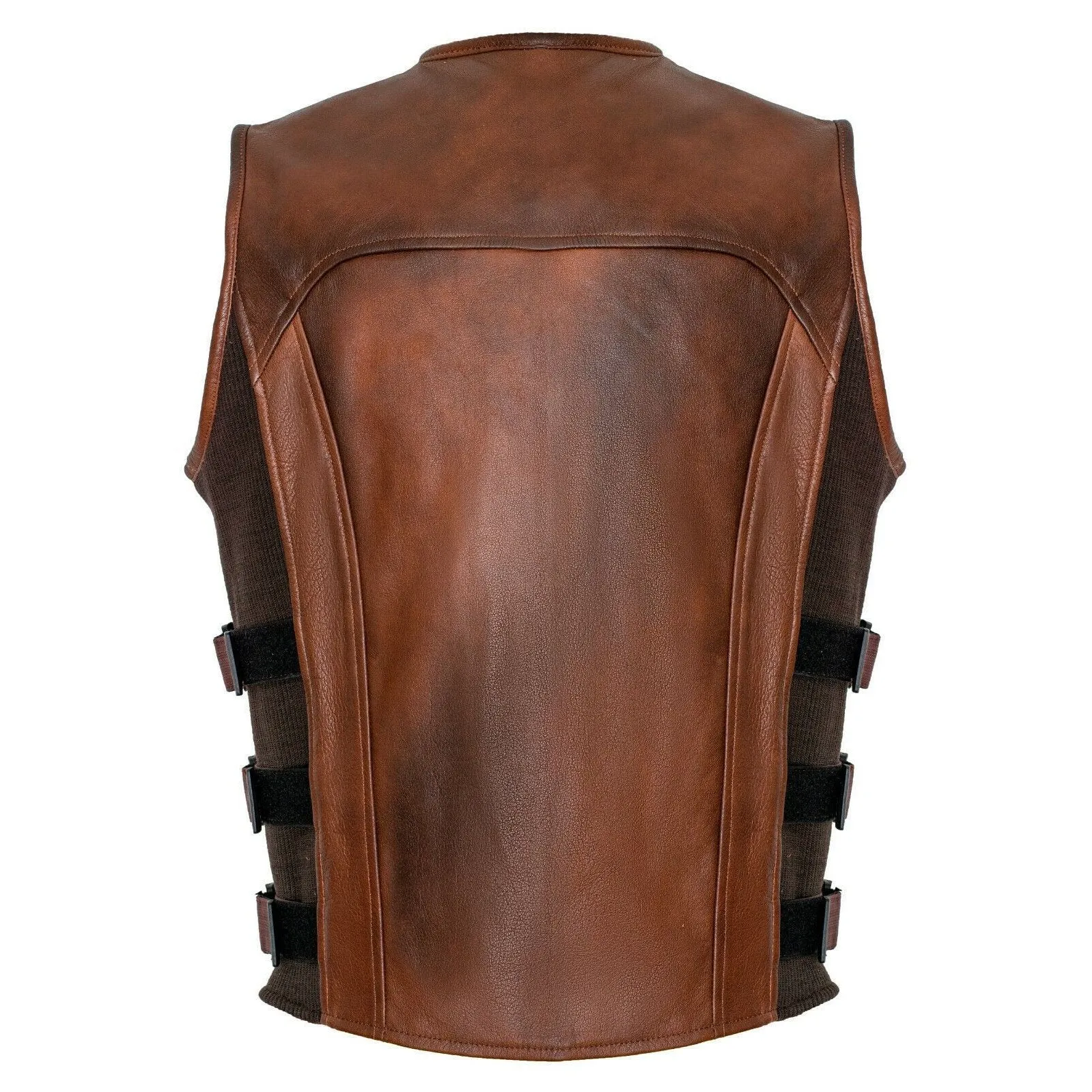 Brown Premium Perforated Leather Biker Vest SWAT Motorcyle