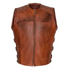 Brown Premium Perforated Leather Biker Vest SWAT Motorcyle