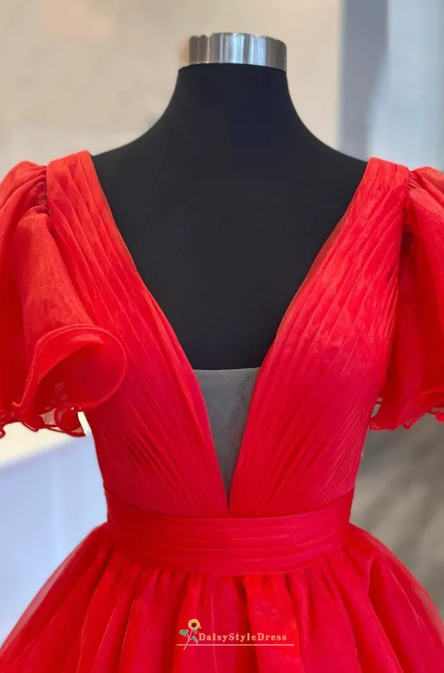 Butterfly Sleeve Sexy Deep V-neckline Red Prom Dress