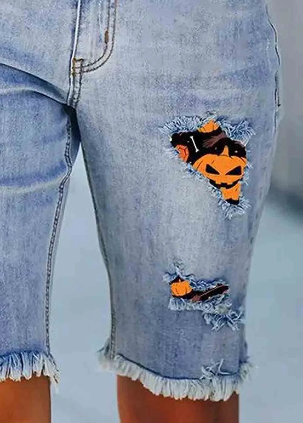 Casual Pumpkin Bat Ripped Denim Shorts Party Halloween Costume