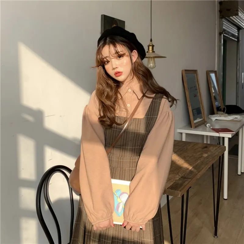 Charming Vintage Plaid Pleated Dress with Shirt Straps