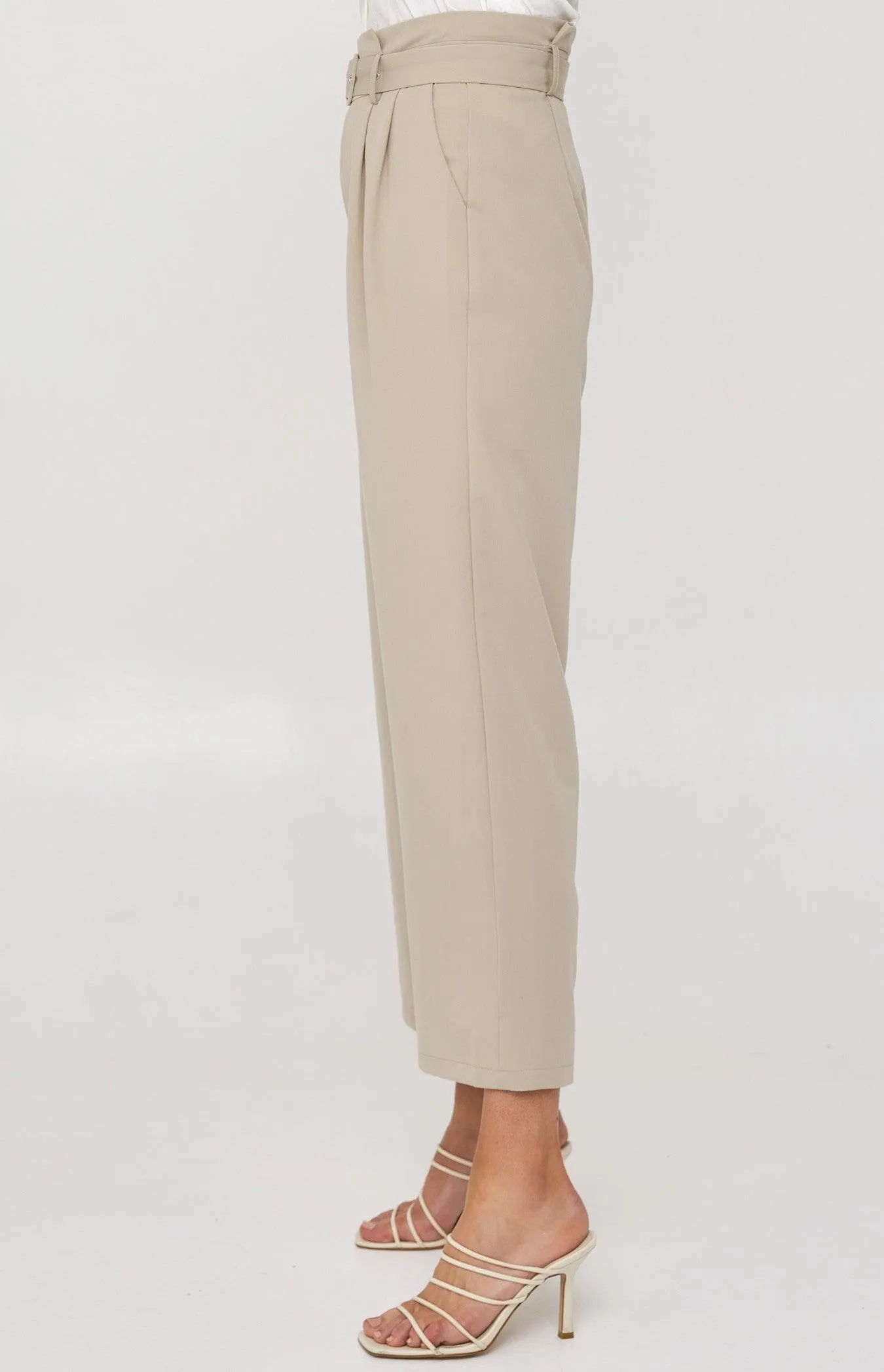 Chasing Goals Belted High Waist Paperbag Pants - Beige