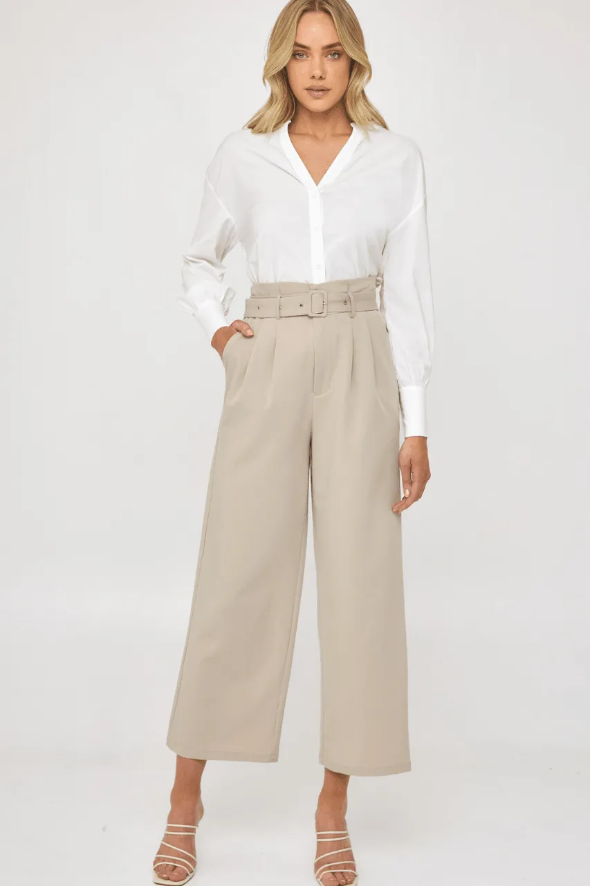 Chasing Goals Belted High Waist Paperbag Pants - Beige