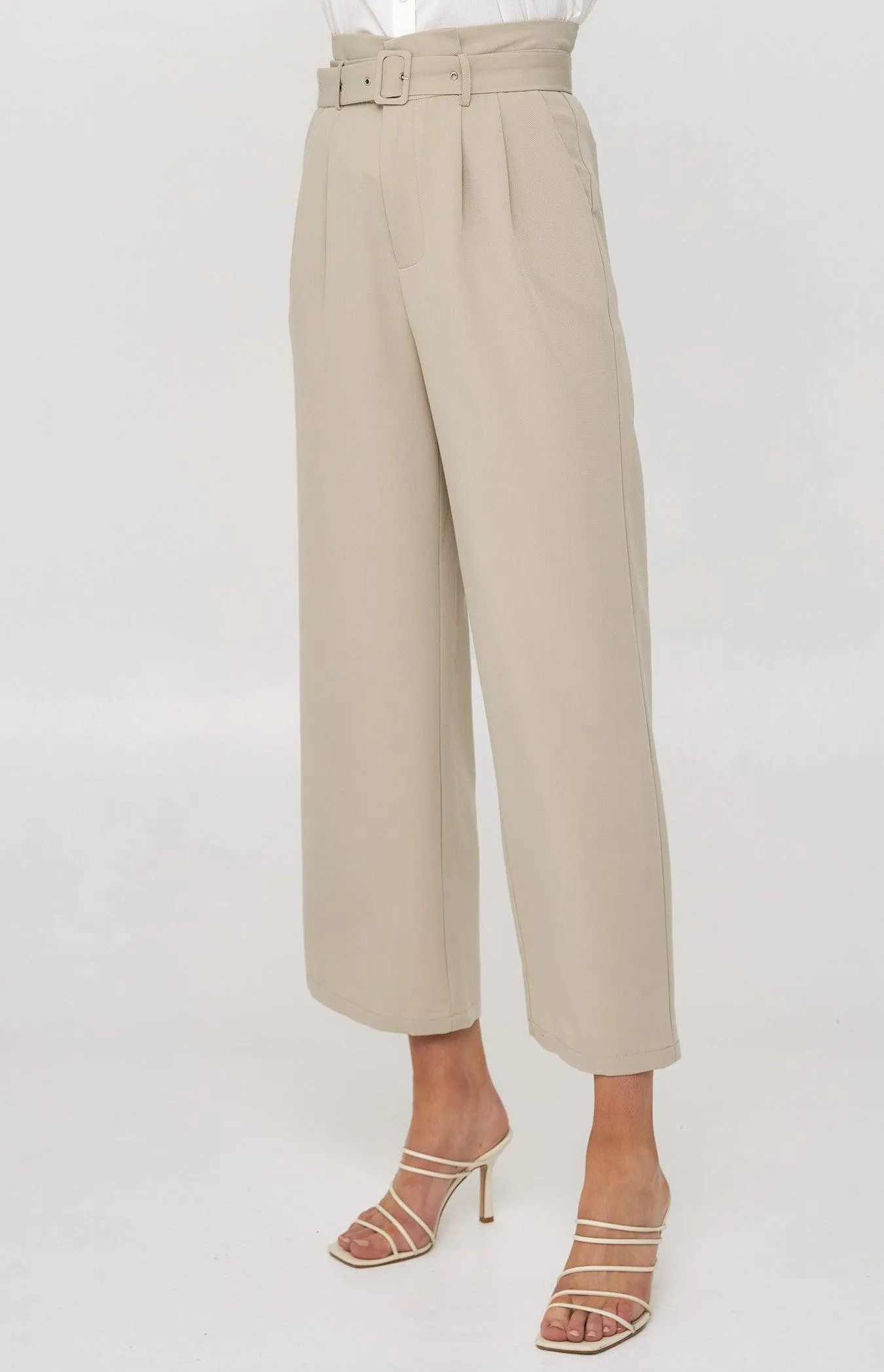 Chasing Goals Belted High Waist Paperbag Pants - Beige
