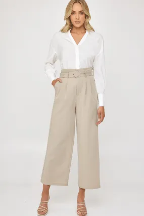 Chasing Goals Belted High Waist Paperbag Pants - Beige