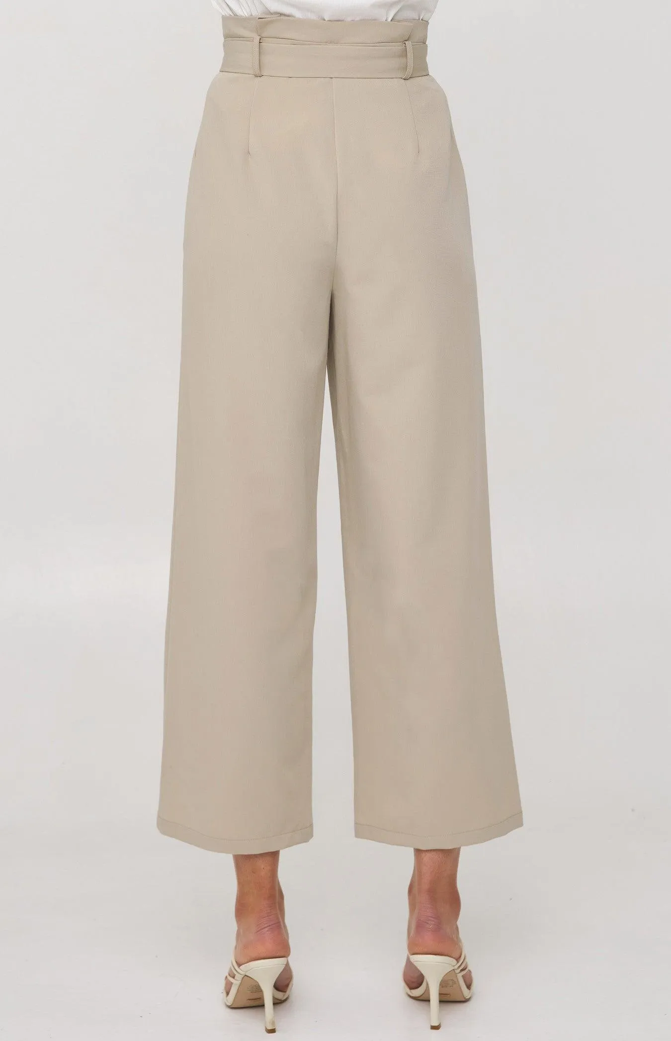 Chasing Goals Belted High Waist Paperbag Pants - Beige