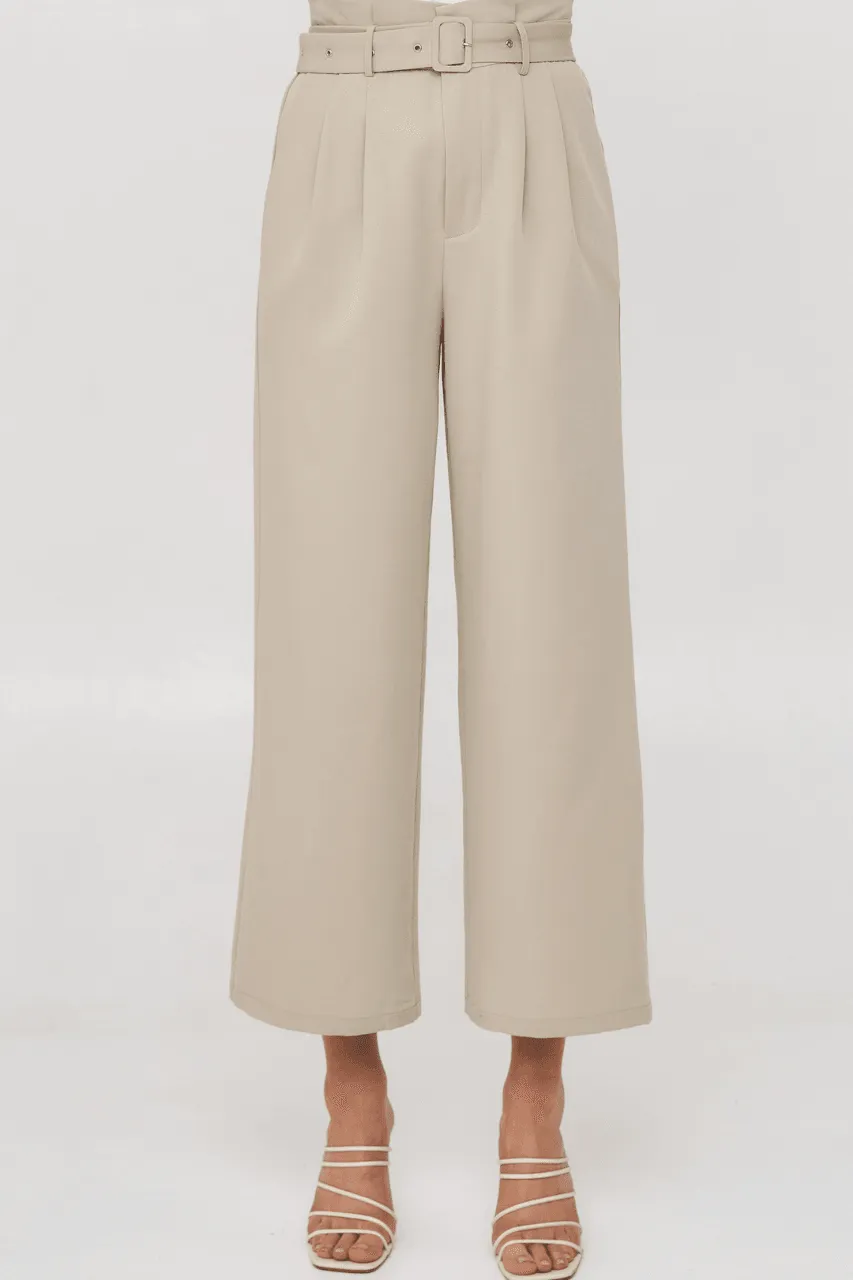 Chasing Goals Belted High Waist Paperbag Pants - Beige