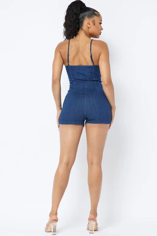 DENIM ROMPER WITH FRONT CUTOUT AND BUTTONS