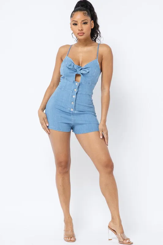 DENIM ROMPER WITH FRONT CUTOUT AND BUTTONS