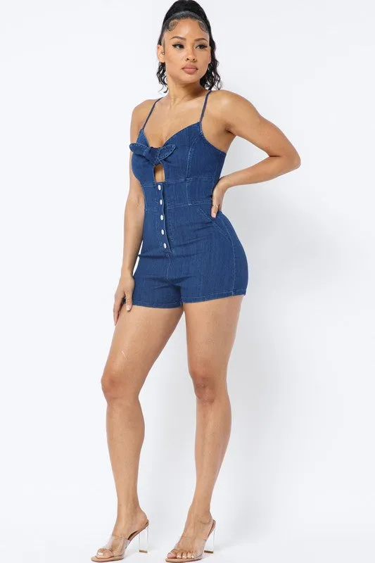 DENIM ROMPER WITH FRONT CUTOUT AND BUTTONS