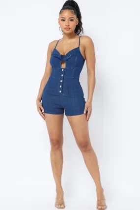DENIM ROMPER WITH FRONT CUTOUT AND BUTTONS