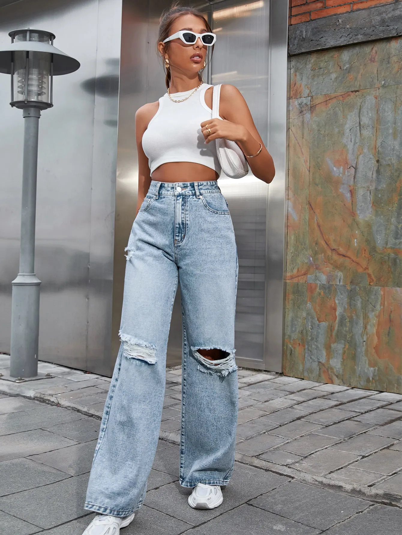 Fashion High Waist Ripped Denim Pants Solid Color Casual Wide Leg Wholesale Clothing For Women