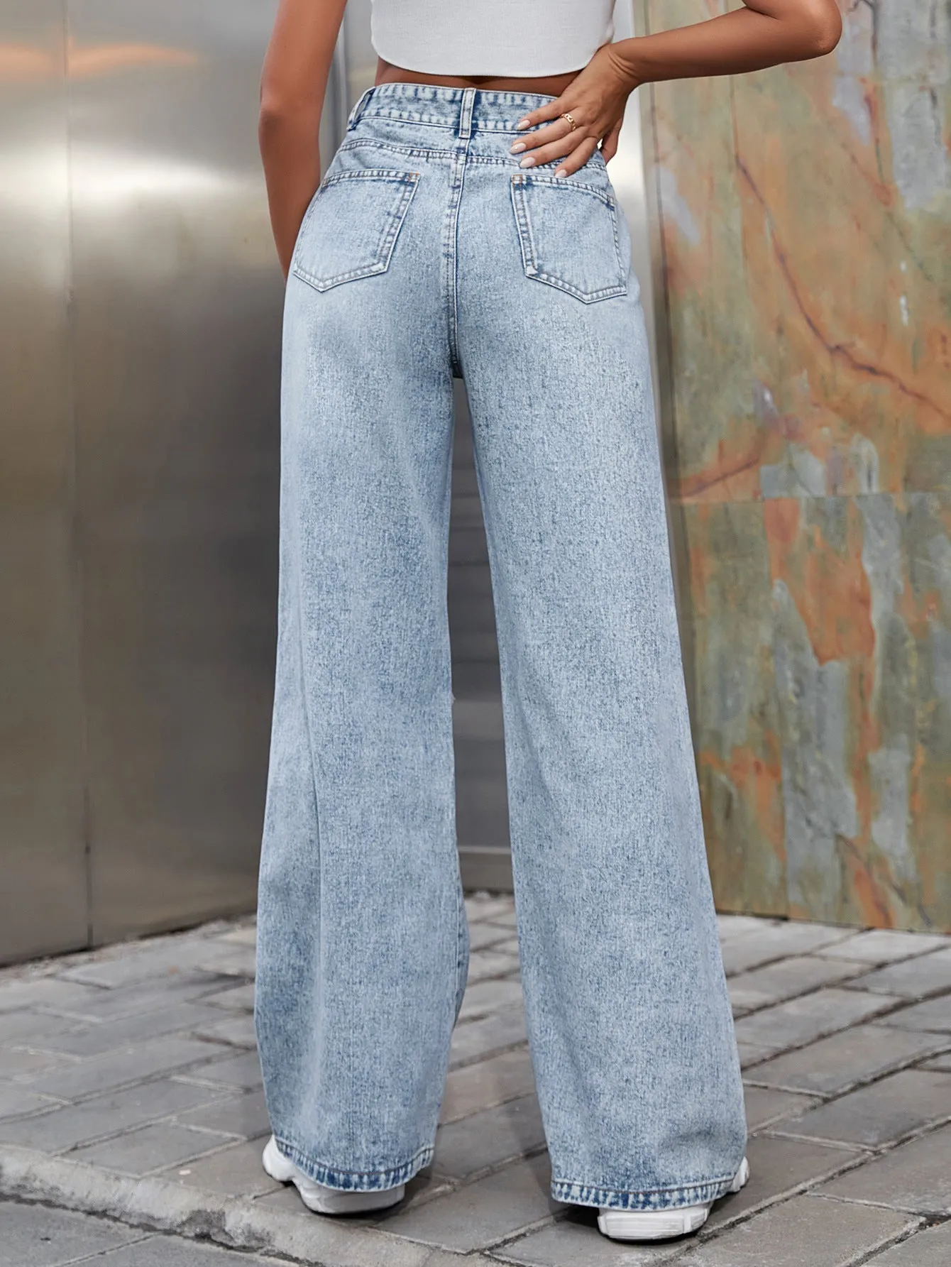 Fashion High Waist Ripped Denim Pants Solid Color Casual Wide Leg Wholesale Clothing For Women
