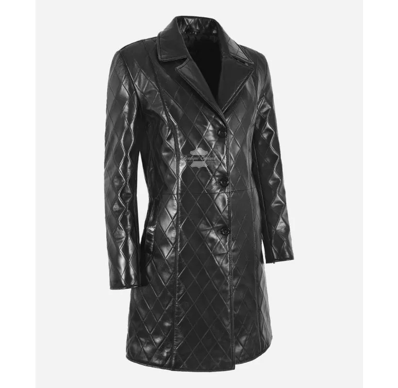 FLORENCE Ladies Coat Black Diamond Quilted 3/4 Length Trench Coat