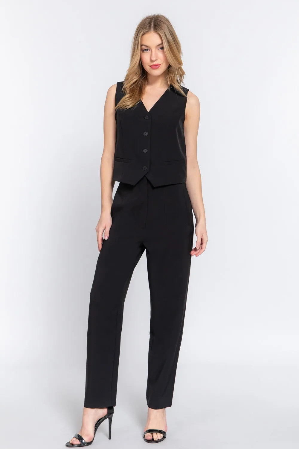 High Waist Pintuck Detail Pants in Black