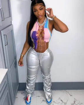 High Waist Silver l Elastic Trousers