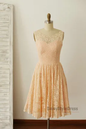 Knee Length V-back Lace Vintage Bridesmaid Dress
