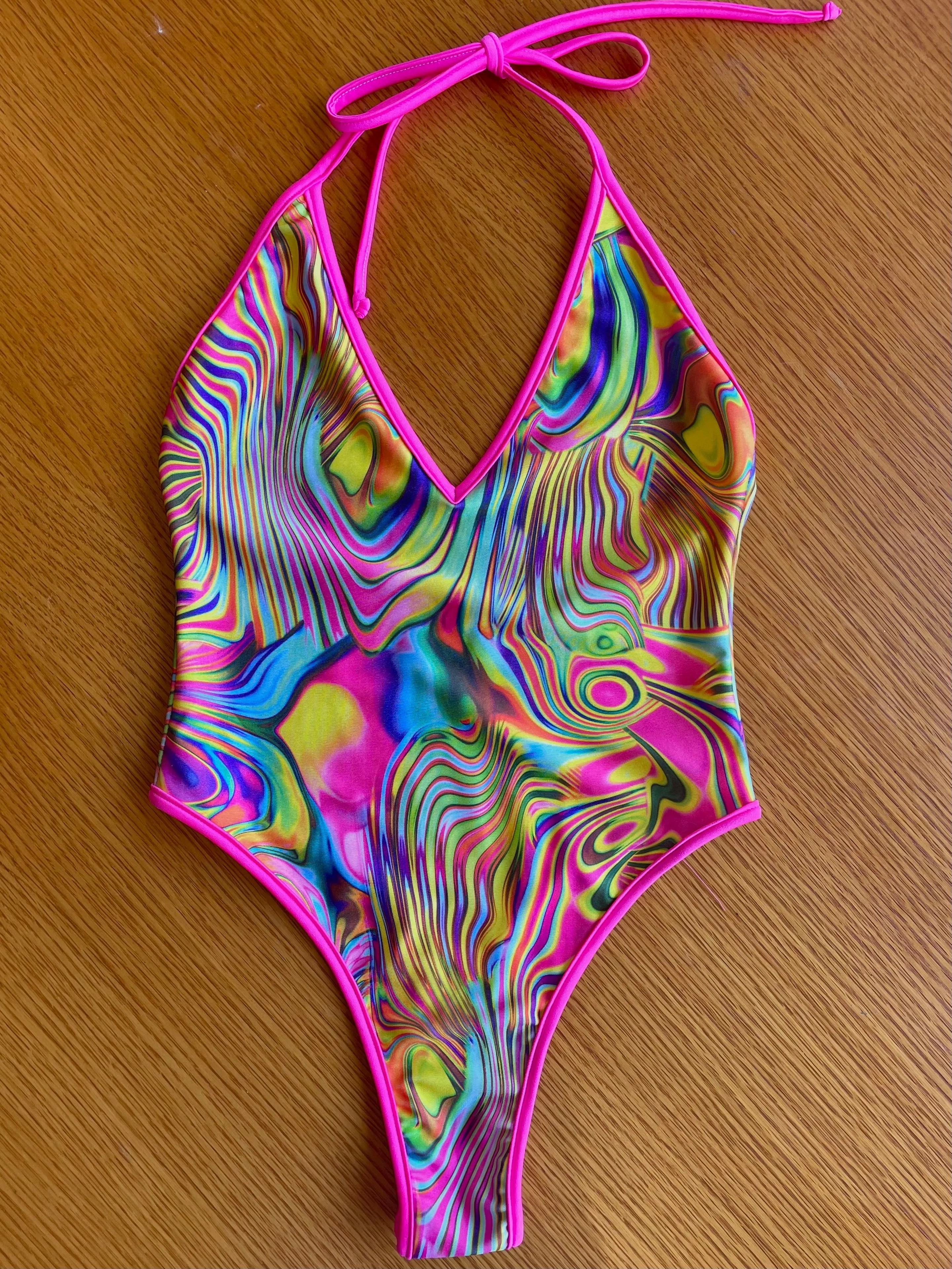 Lycra High Cut Halter Bodysuit in Acid Swirl With Neon Pink Trim