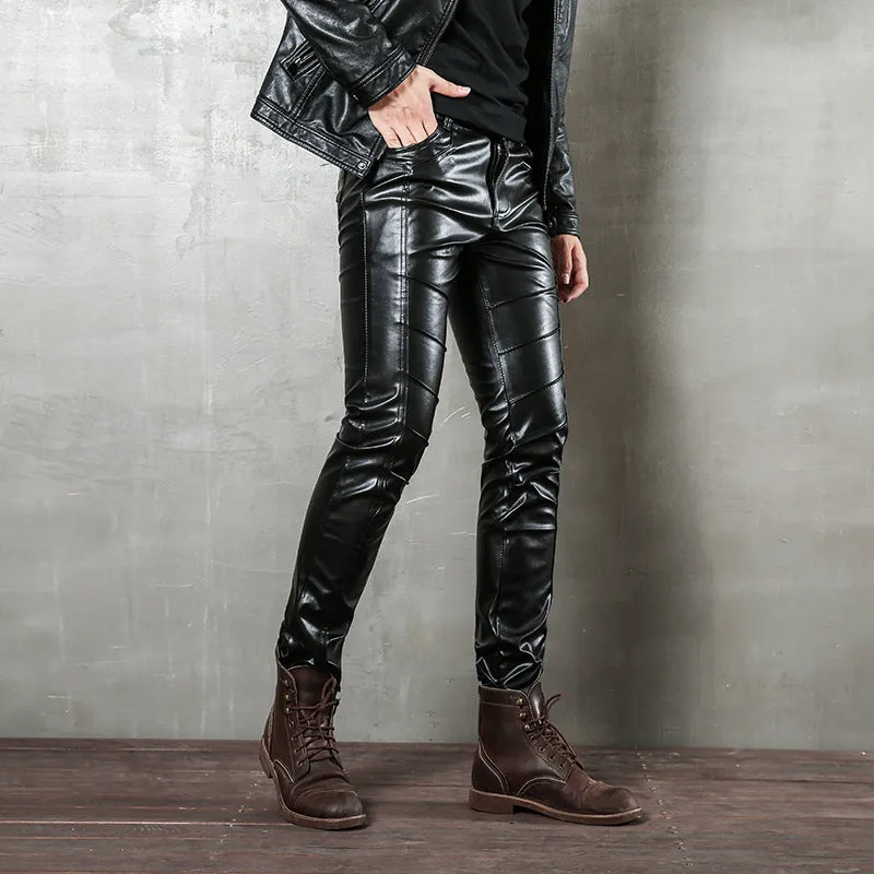 Mens Leather Pants Punk Autumn Slim Fit Skinny Pants Motorcycle Zipper Stitching Tight Leather Pants