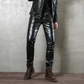 Mens Leather Pants Punk Autumn Slim Fit Skinny Pants Motorcycle Zipper Stitching Tight Leather Pants