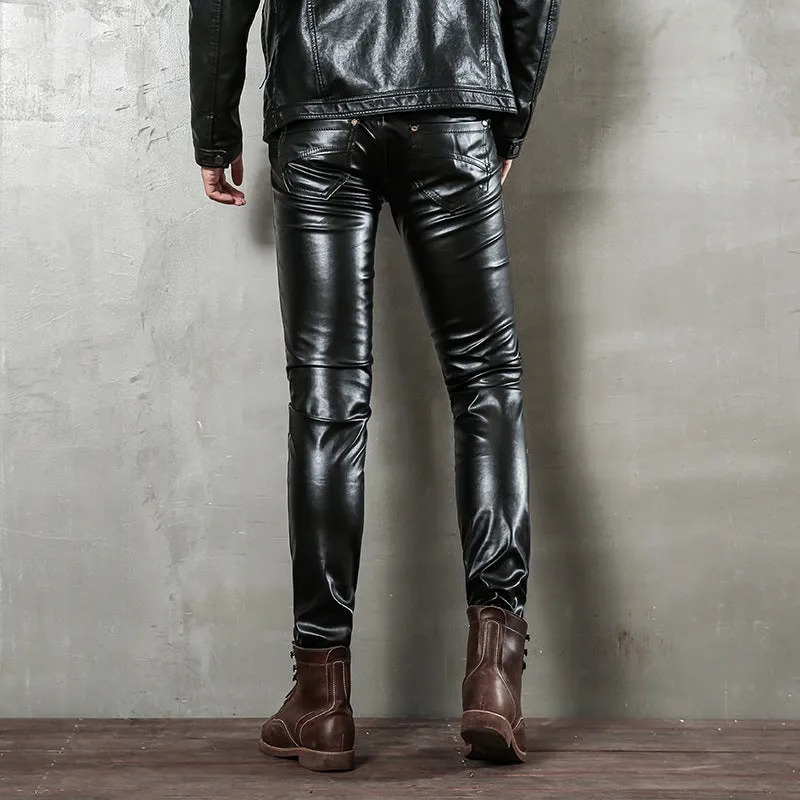 Mens Leather Pants Punk Autumn Slim Fit Skinny Pants Motorcycle Zipper Stitching Tight Leather Pants