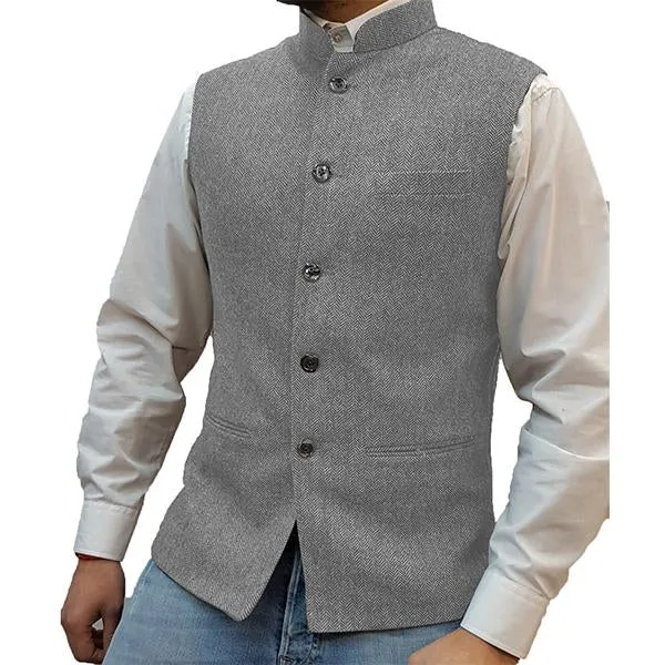 Men's Stand Collar Herringbone Single Breasted Vest 76418897M