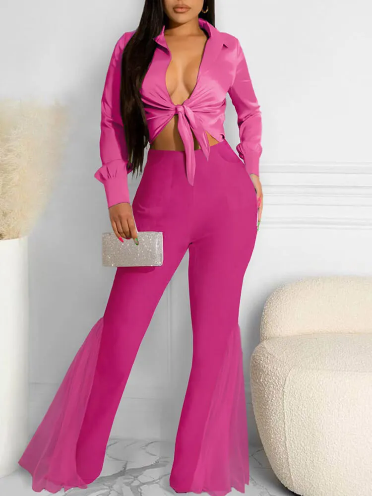Mesh Solid Color High Waist Flare Pants