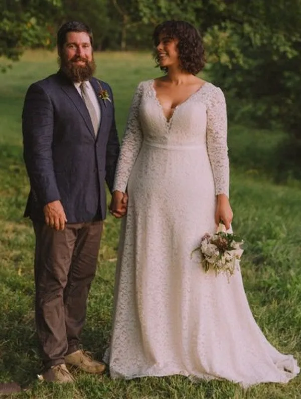 Modest Long Sleeve Lace Plus Size Wedding Dress