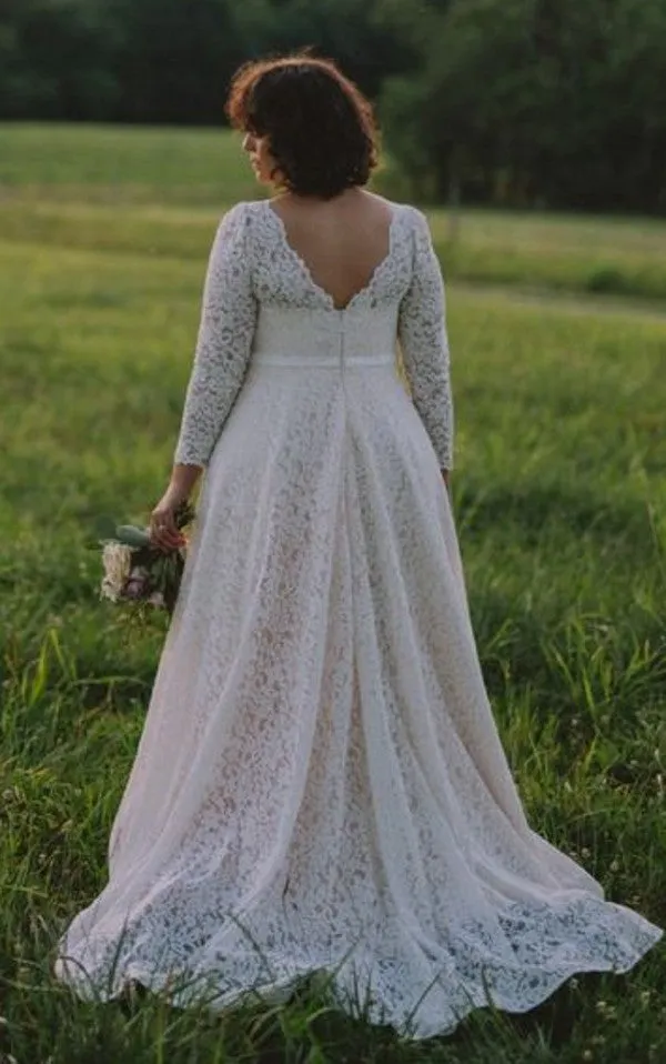 Modest Long Sleeve Lace Plus Size Wedding Dress