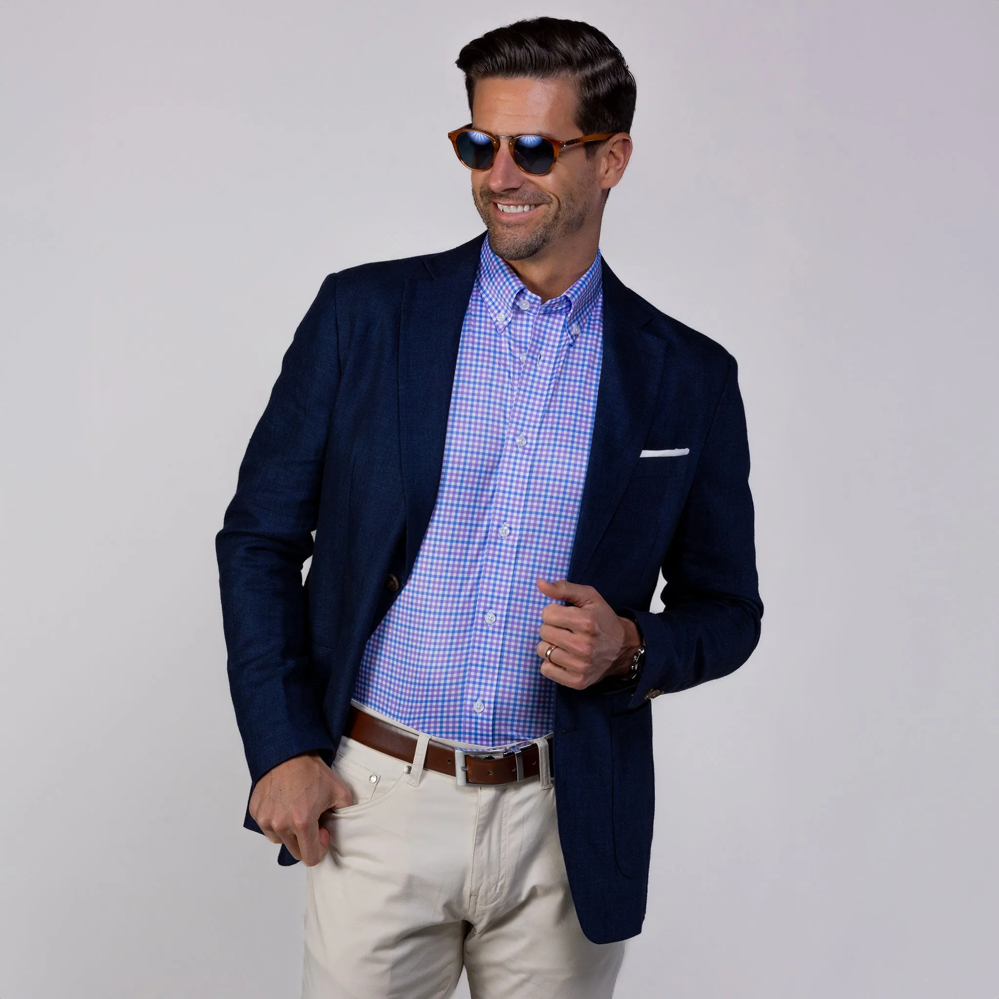 Quattro Flex Dress Shirt with Button Down Collar Blue and Purple Tattersall