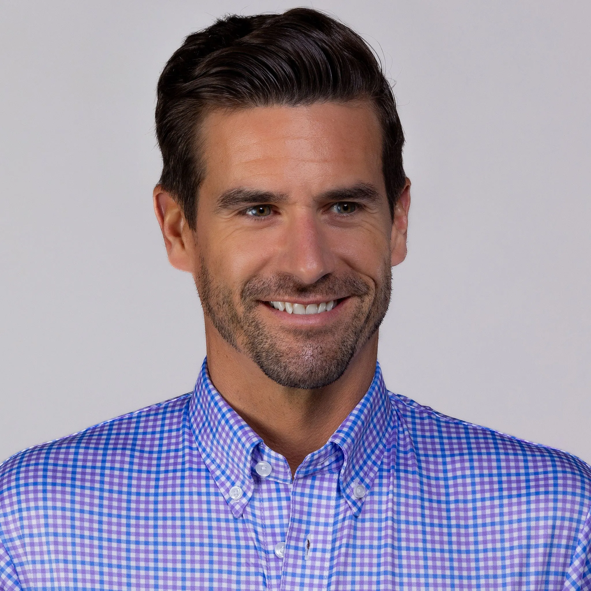Quattro Flex Dress Shirt with Button Down Collar Blue and Purple Tattersall