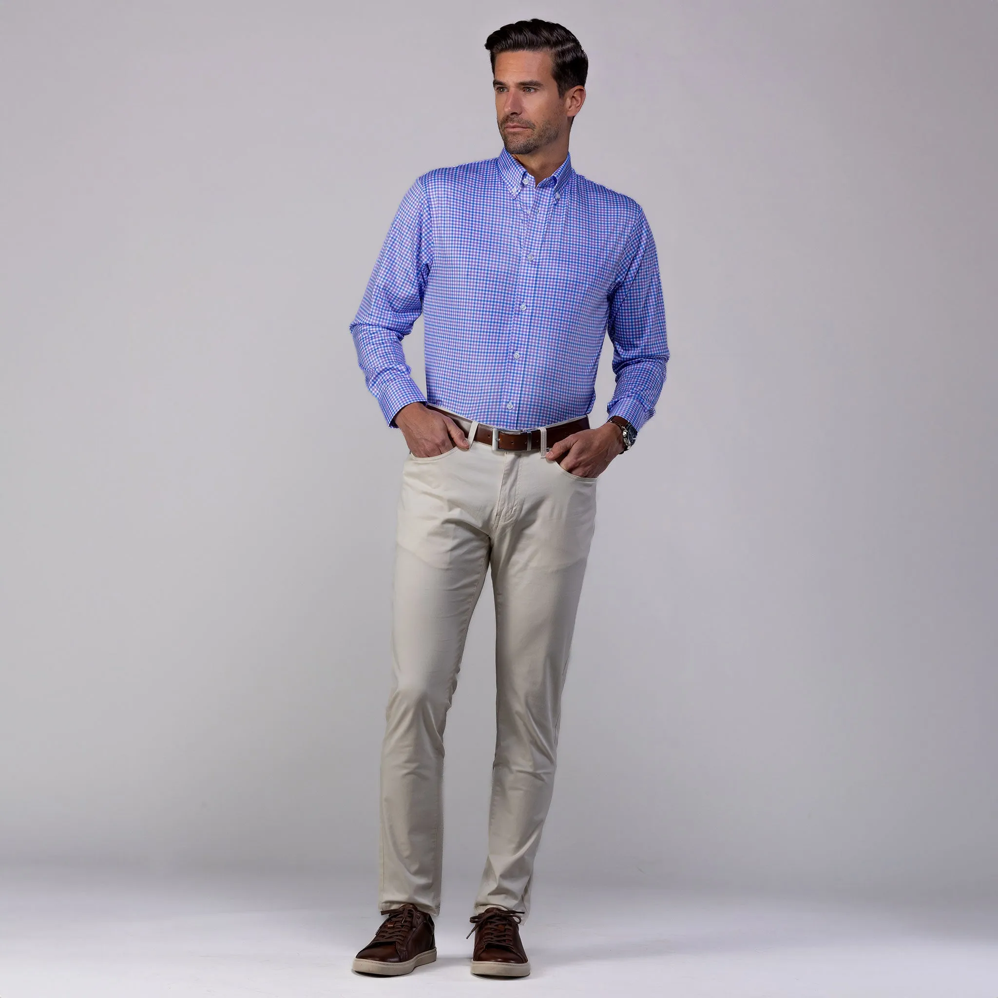 Quattro Flex Dress Shirt with Button Down Collar Blue and Purple Tattersall