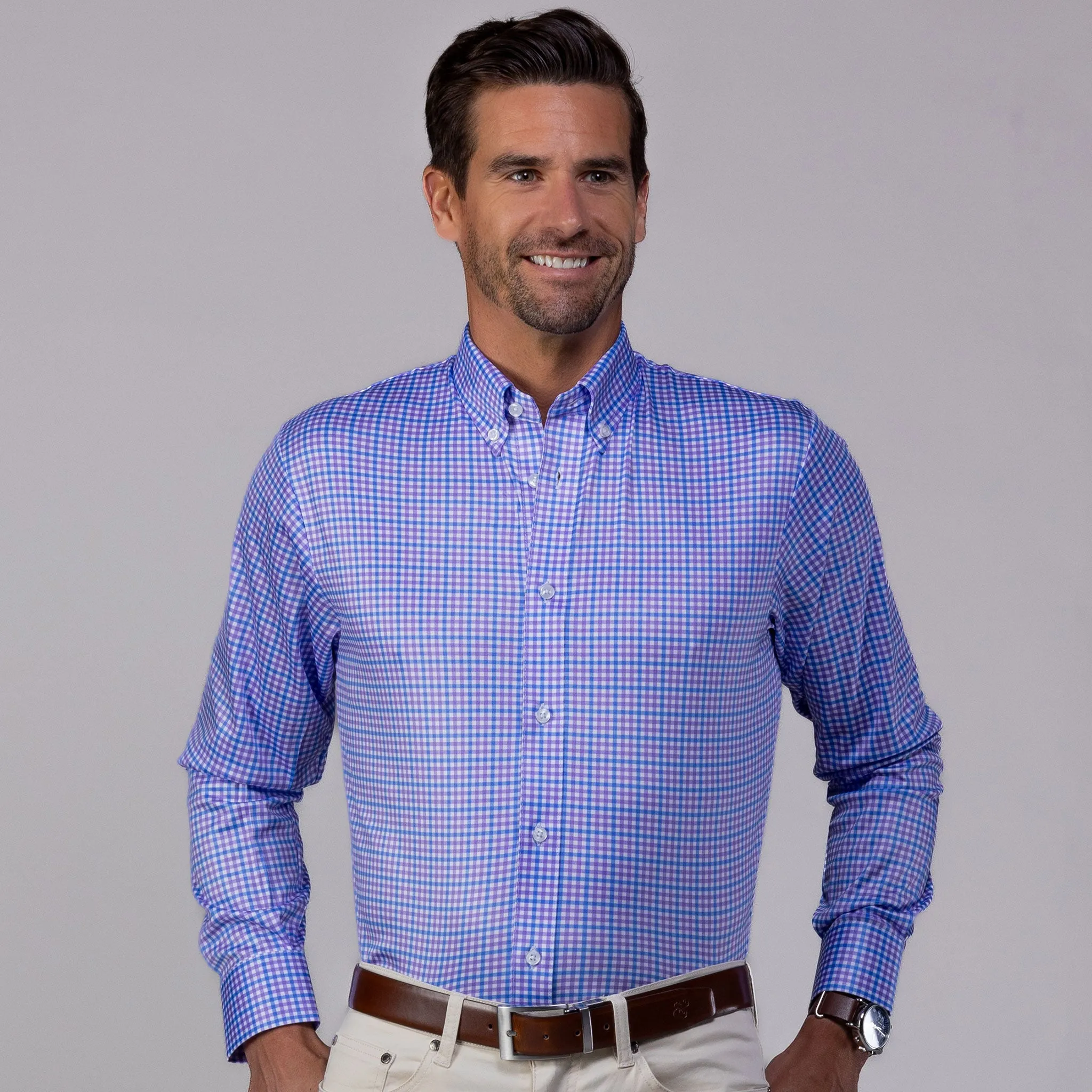 Quattro Flex Dress Shirt with Button Down Collar Blue and Purple Tattersall