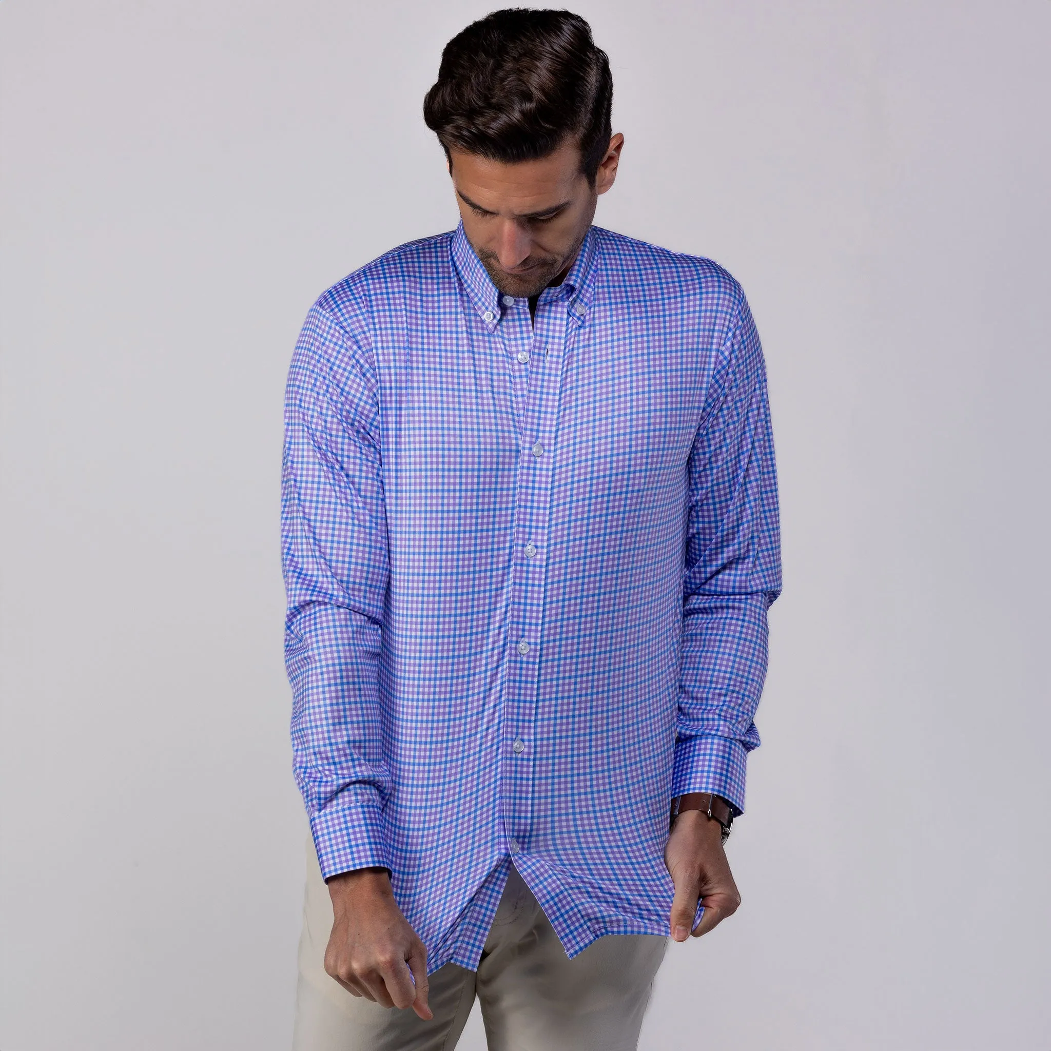 Quattro Flex Dress Shirt with Button Down Collar Blue and Purple Tattersall